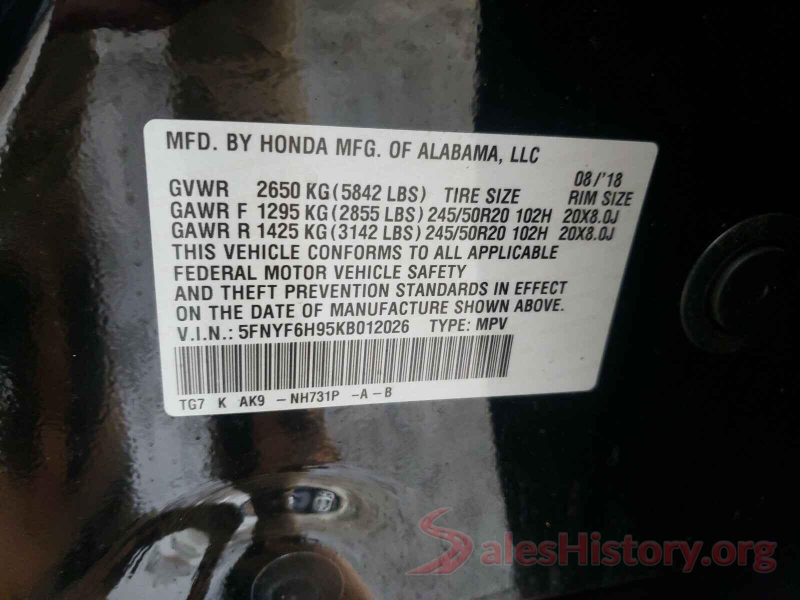 5FNYF6H95KB012026 2019 HONDA PILOT