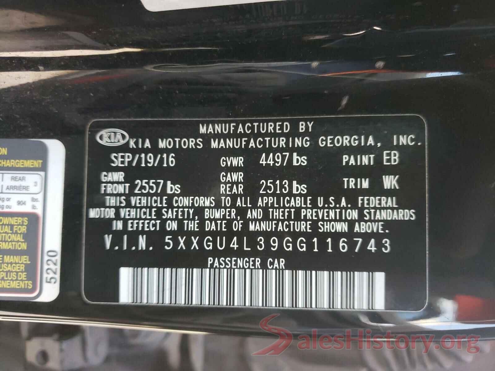 5XXGU4L39GG116743 2016 KIA OPTIMA