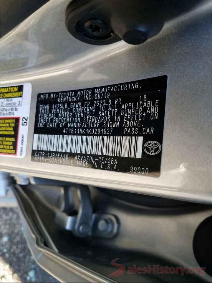 4T1B11HK1KU281637 2019 TOYOTA CAMRY