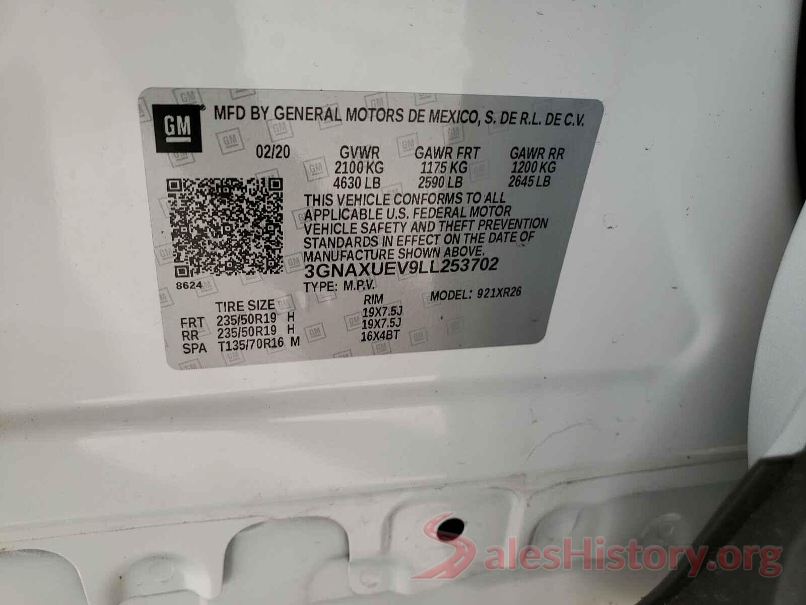 3GNAXUEV9LL253702 2020 CHEVROLET EQUINOX