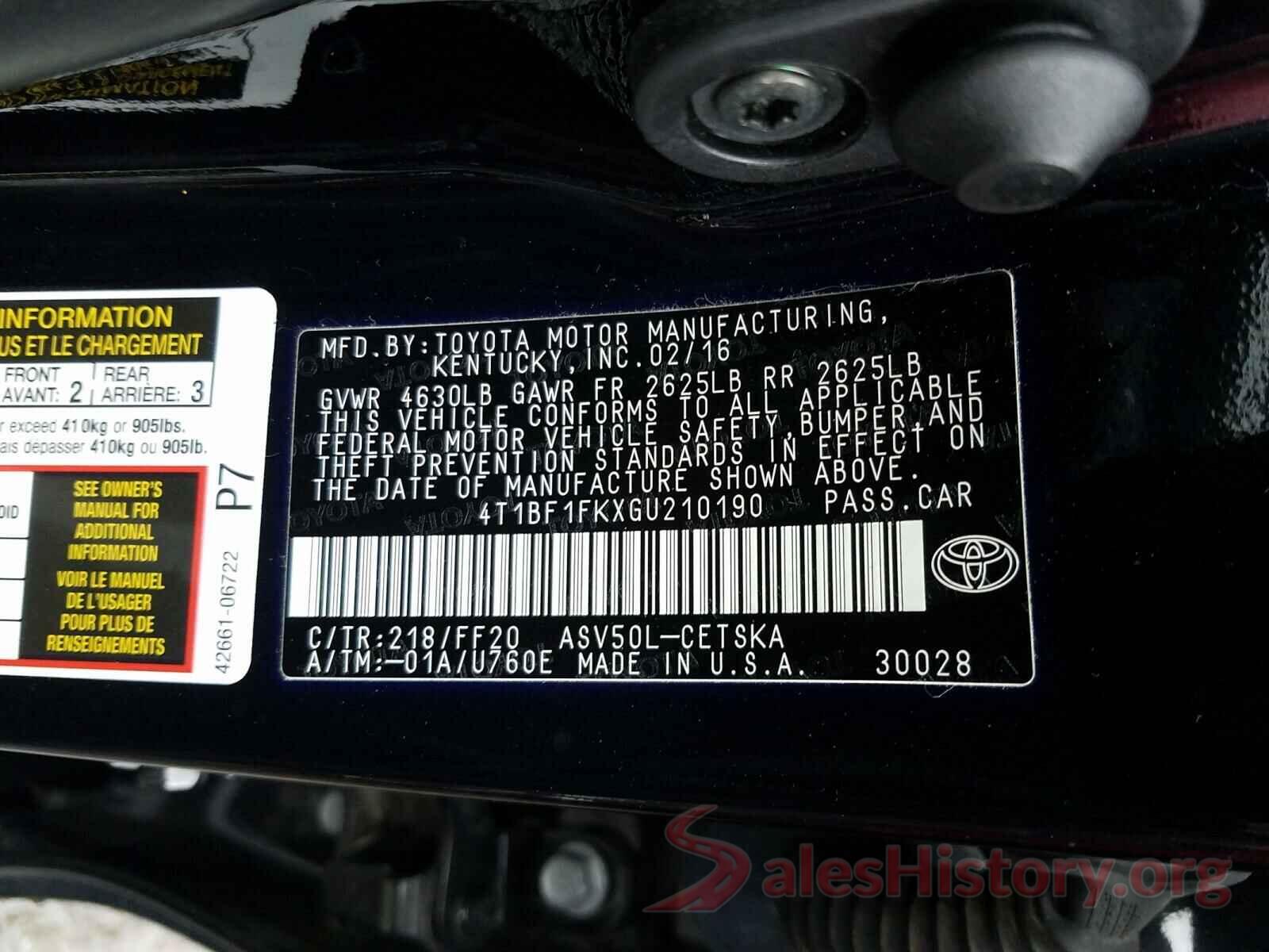 4T1BF1FKXGU210190 2016 TOYOTA CAMRY