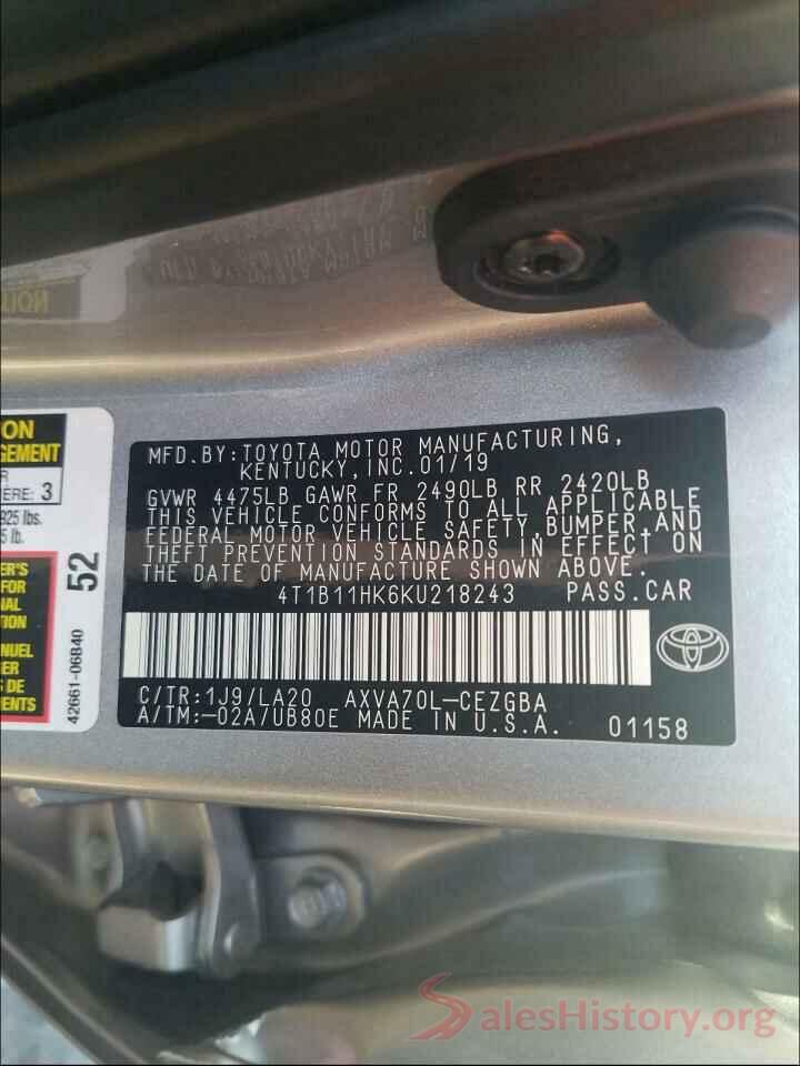 4T1B11HK6KU218243 2019 TOYOTA CAMRY