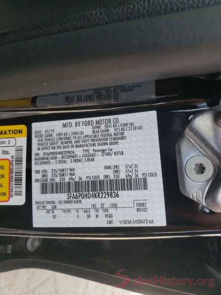 3FA6P0HD4KR229836 2019 FORD FUSION