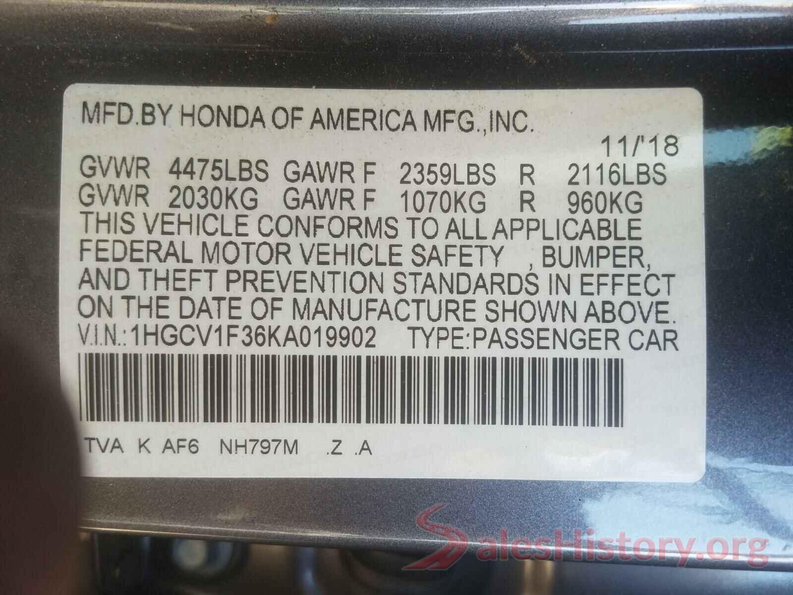 1HGCV1F36KA019902 2019 HONDA ACCORD