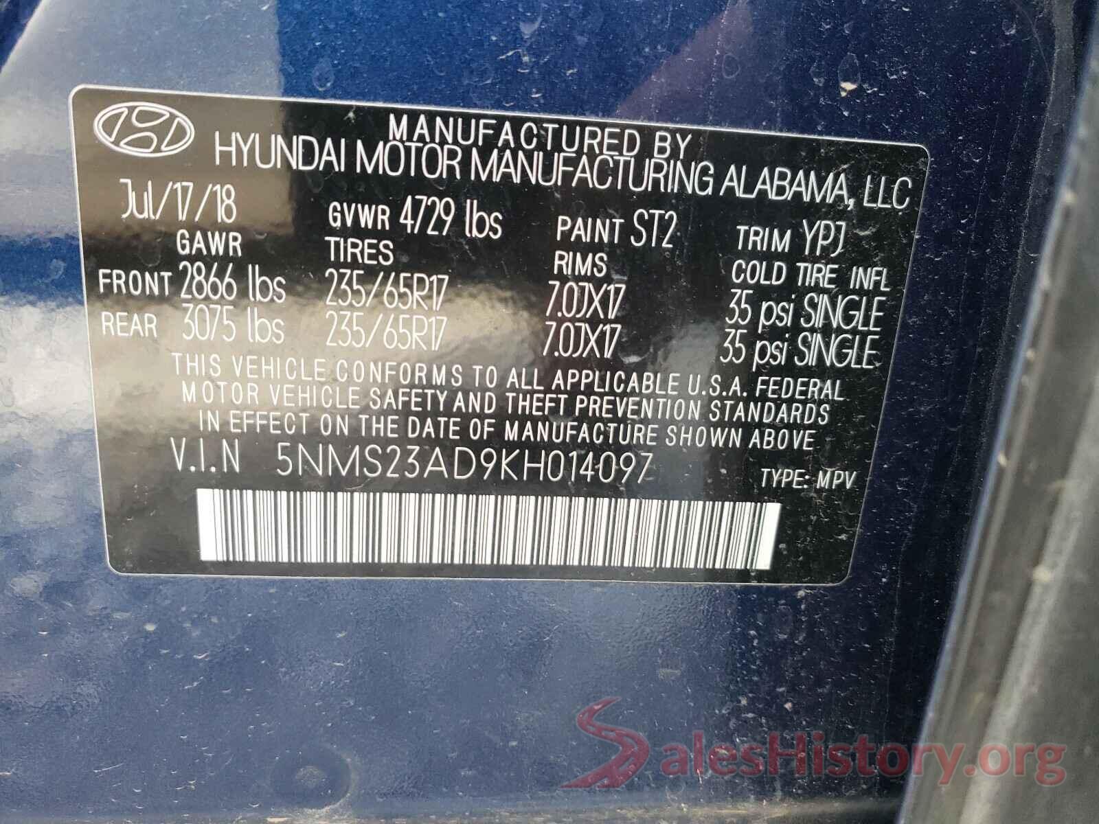 5NMS23AD9KH014097 2019 HYUNDAI SANTA FE