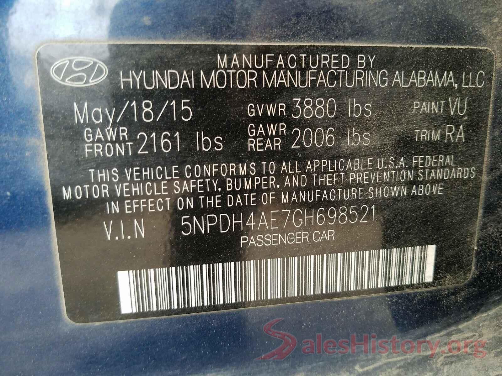 5NPDH4AE7GH698521 2016 HYUNDAI ELANTRA