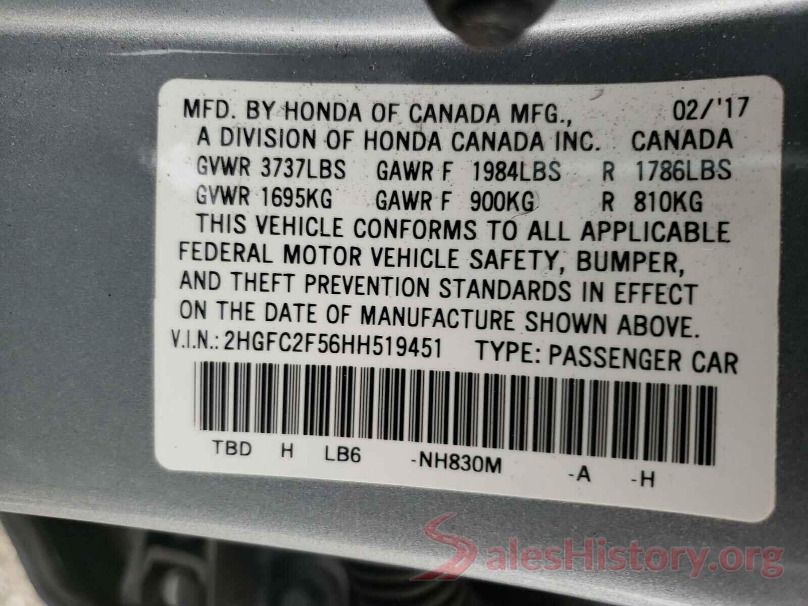 2HGFC2F56HH519451 2017 HONDA CIVIC