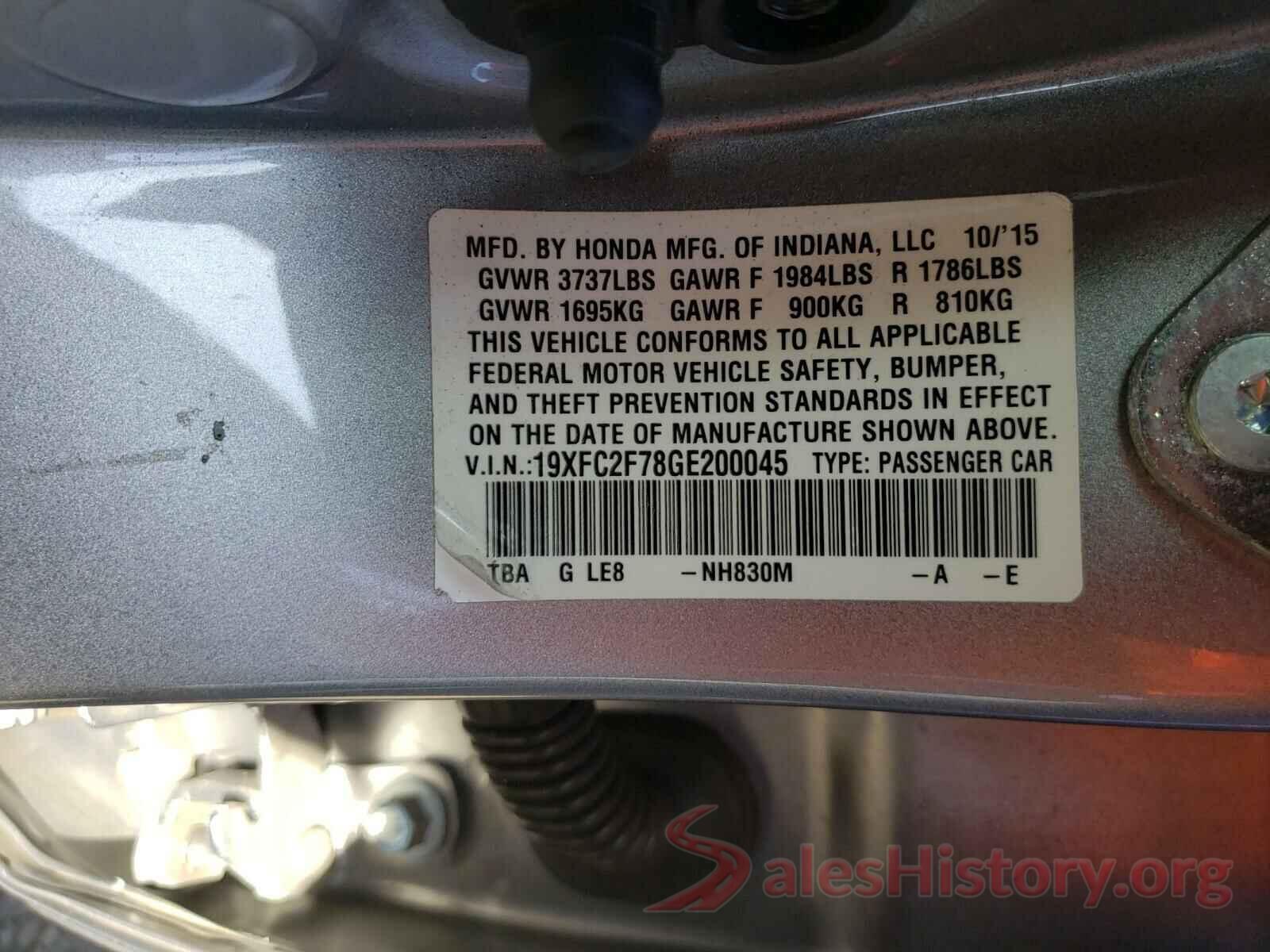 19XFC2F78GE200045 2016 HONDA CIVIC