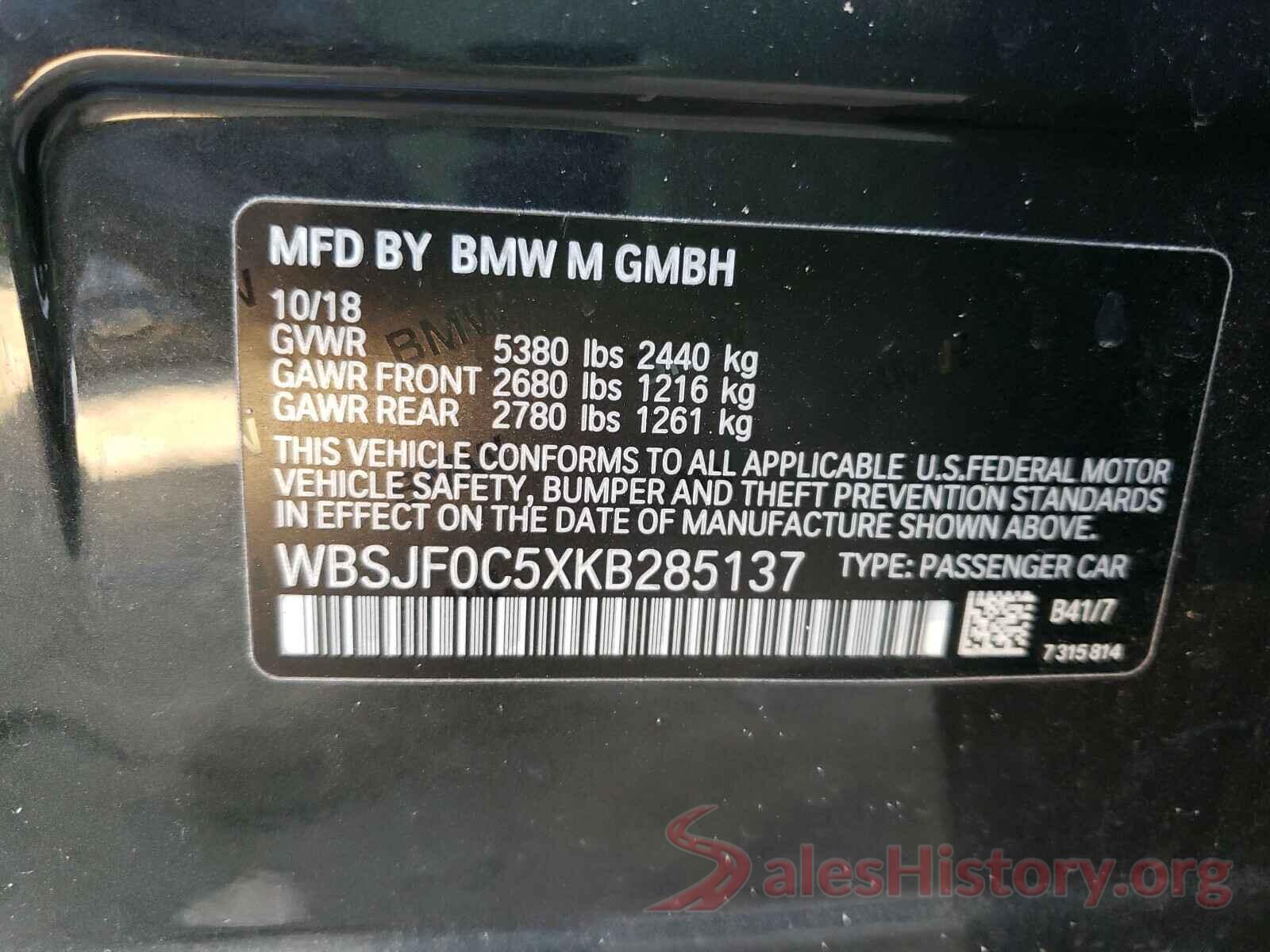 WBSJF0C5XKB285137 2019 BMW M5