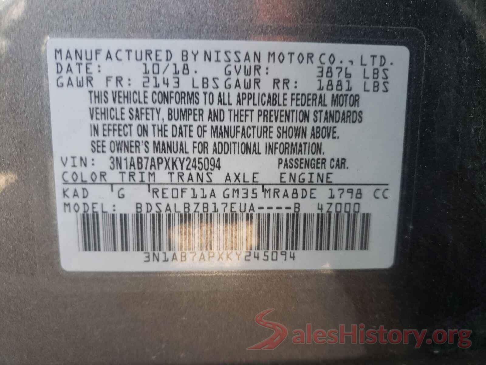 3N1AB7APXKY245094 2019 NISSAN SENTRA