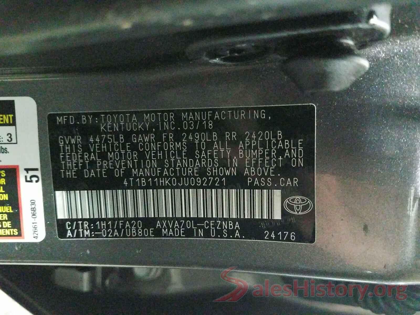 4T1B11HK0JU092721 2018 TOYOTA CAMRY