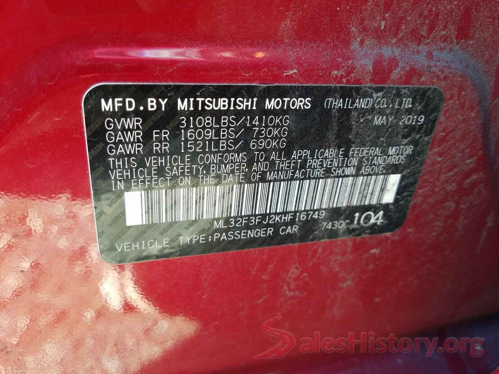 ML32F3FJ2KHF16749 2019 MITSUBISHI MIRAGE