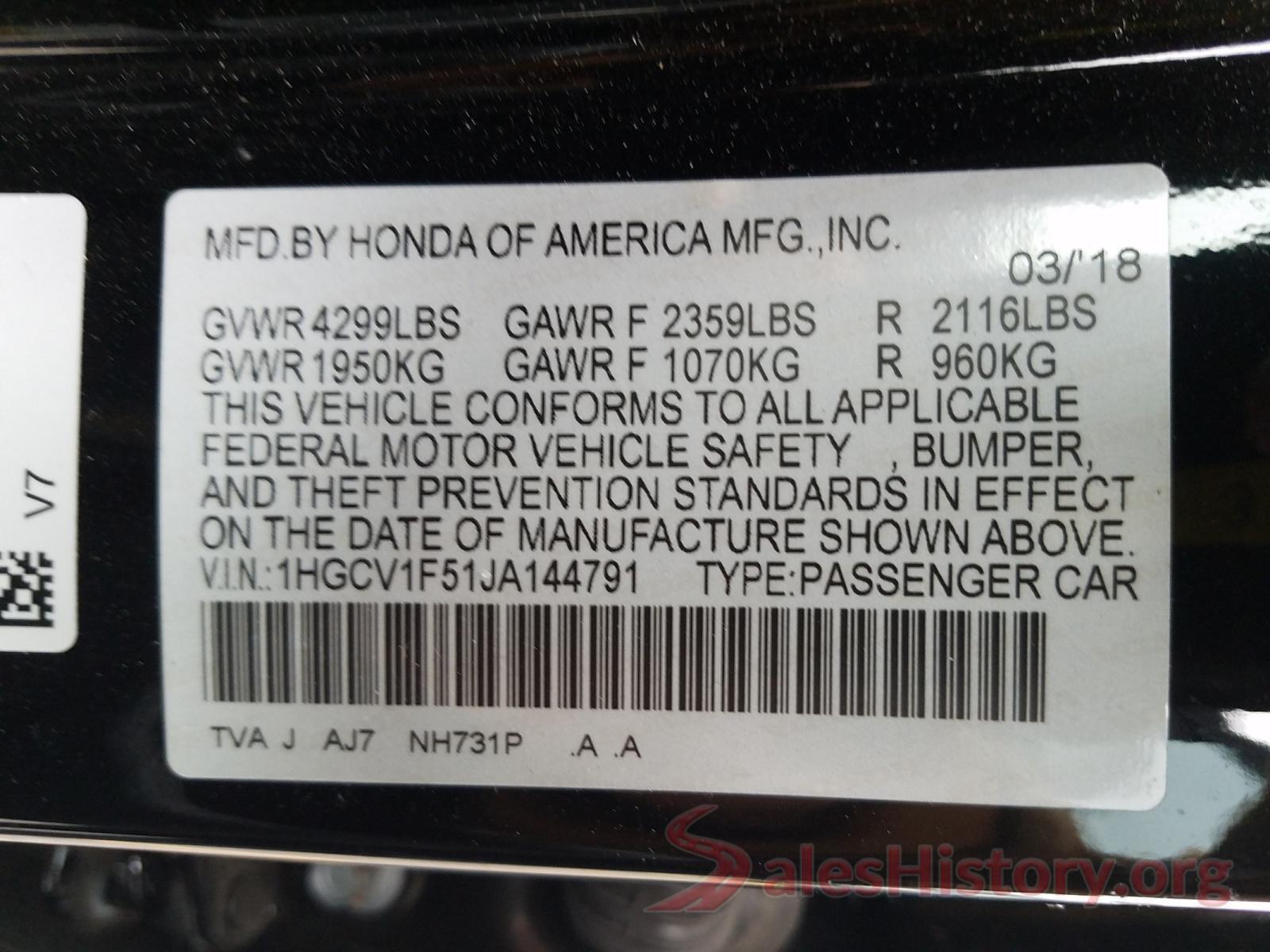 1HGCV1F51JA144791 2018 HONDA ACCORD