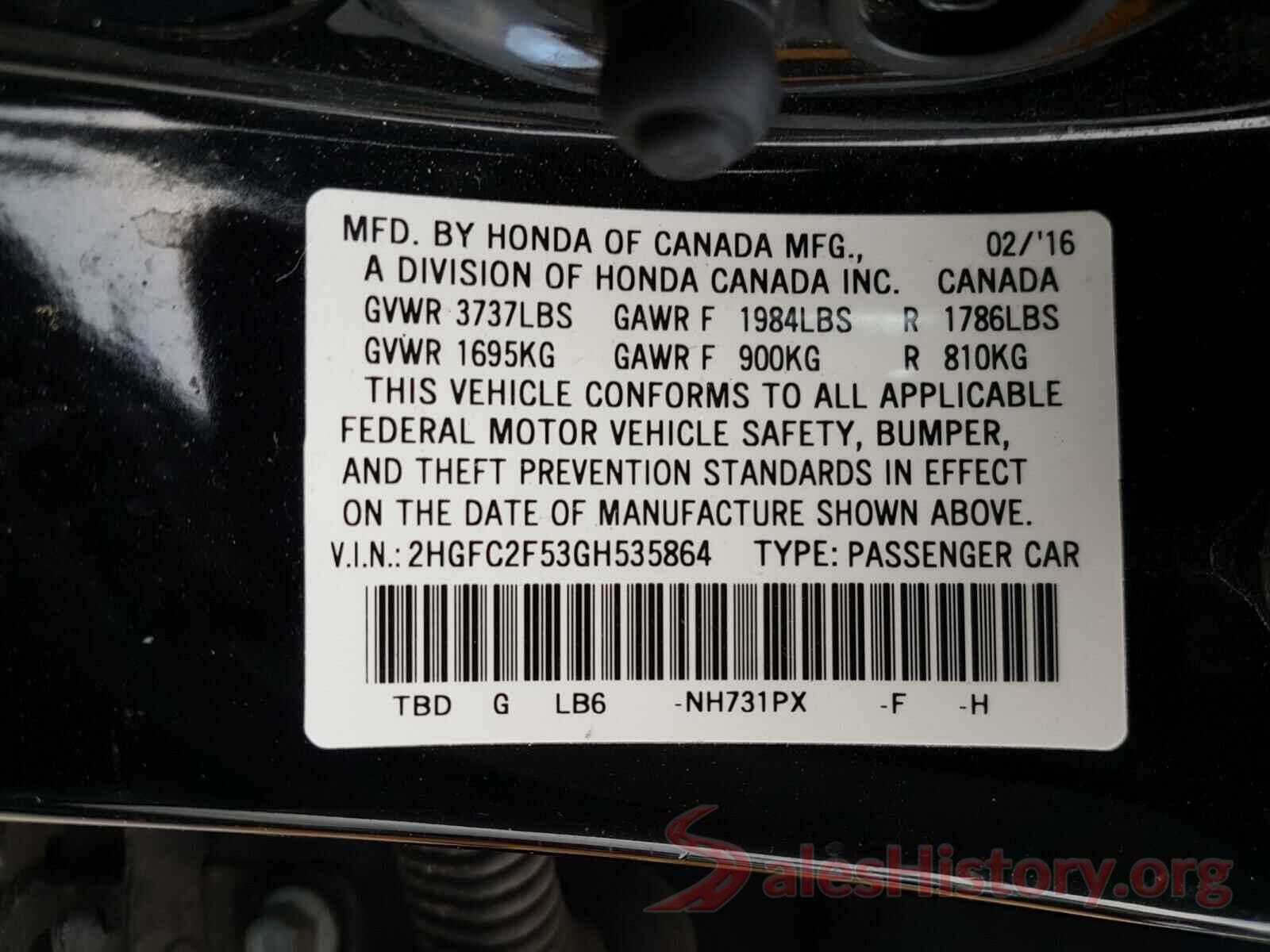 2HGFC2F53GH535864 2016 HONDA CIVIC