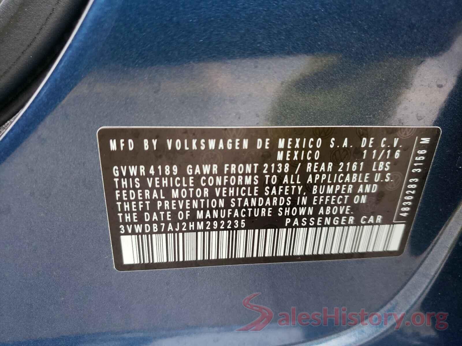 3VWDB7AJ2HM292235 2017 VOLKSWAGEN JETTA