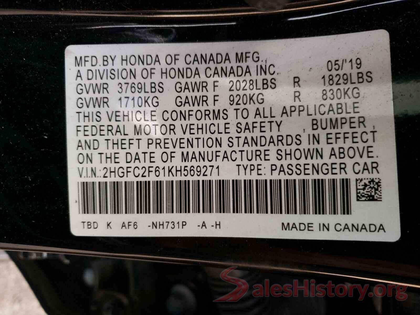 2HGFC2F61KH569271 2019 HONDA CIVIC