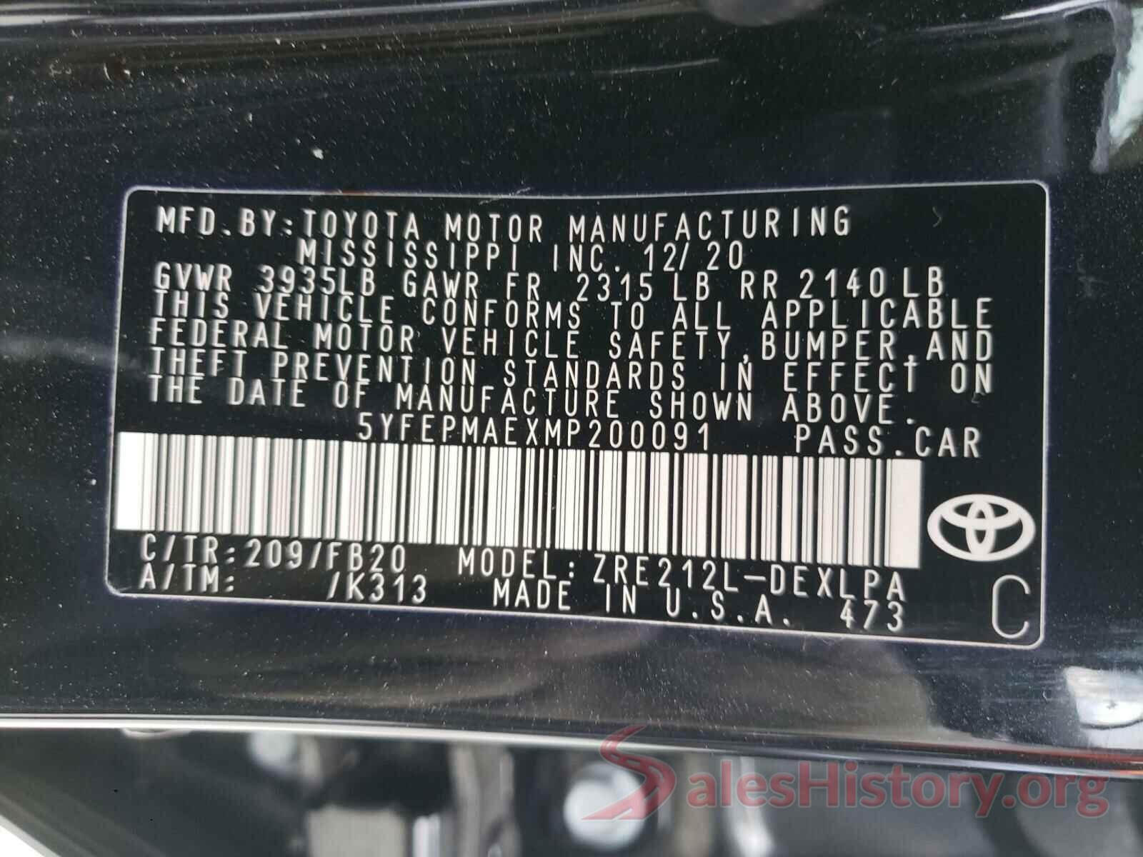 5YFEPMAEXMP200091 2021 TOYOTA COROLLA