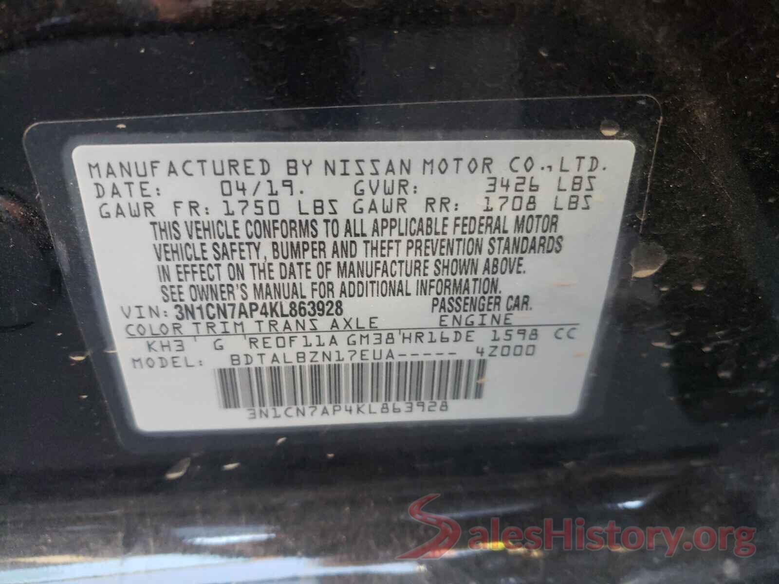 3N1CN7AP4KL863928 2019 NISSAN VERSA