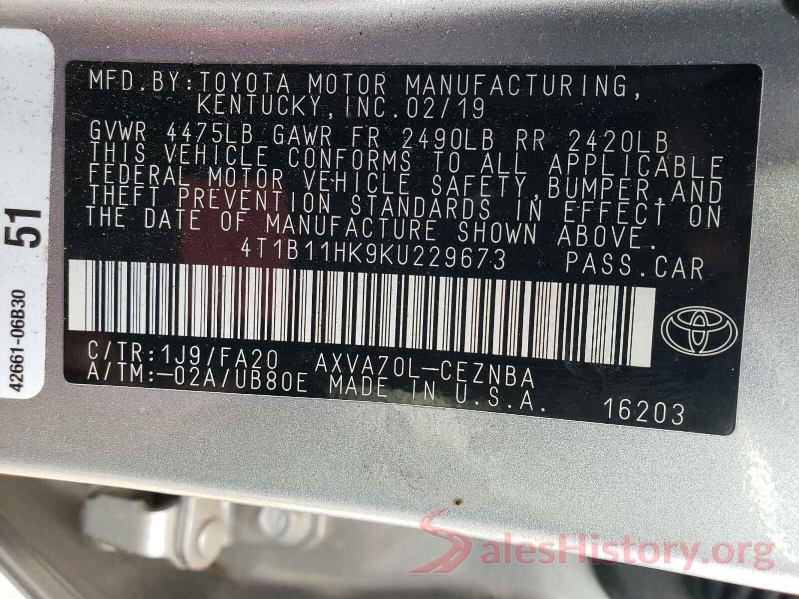 4T1B11HK9KU229673 2019 TOYOTA CAMRY