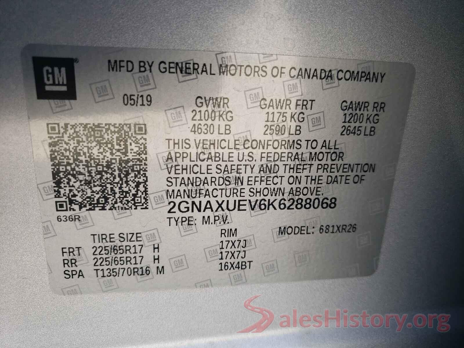 2GNAXUEV6K6288068 2019 CHEVROLET EQUINOX