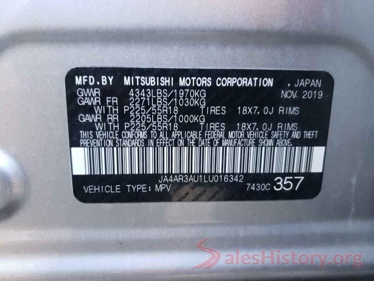 JA4AR3AU1LU016342 2020 MITSUBISHI OUTLANDER