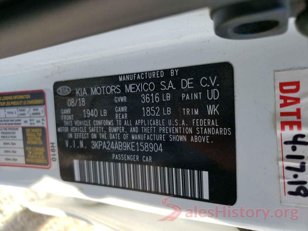 3KPA24AB9KE158904 2019 KIA RIO