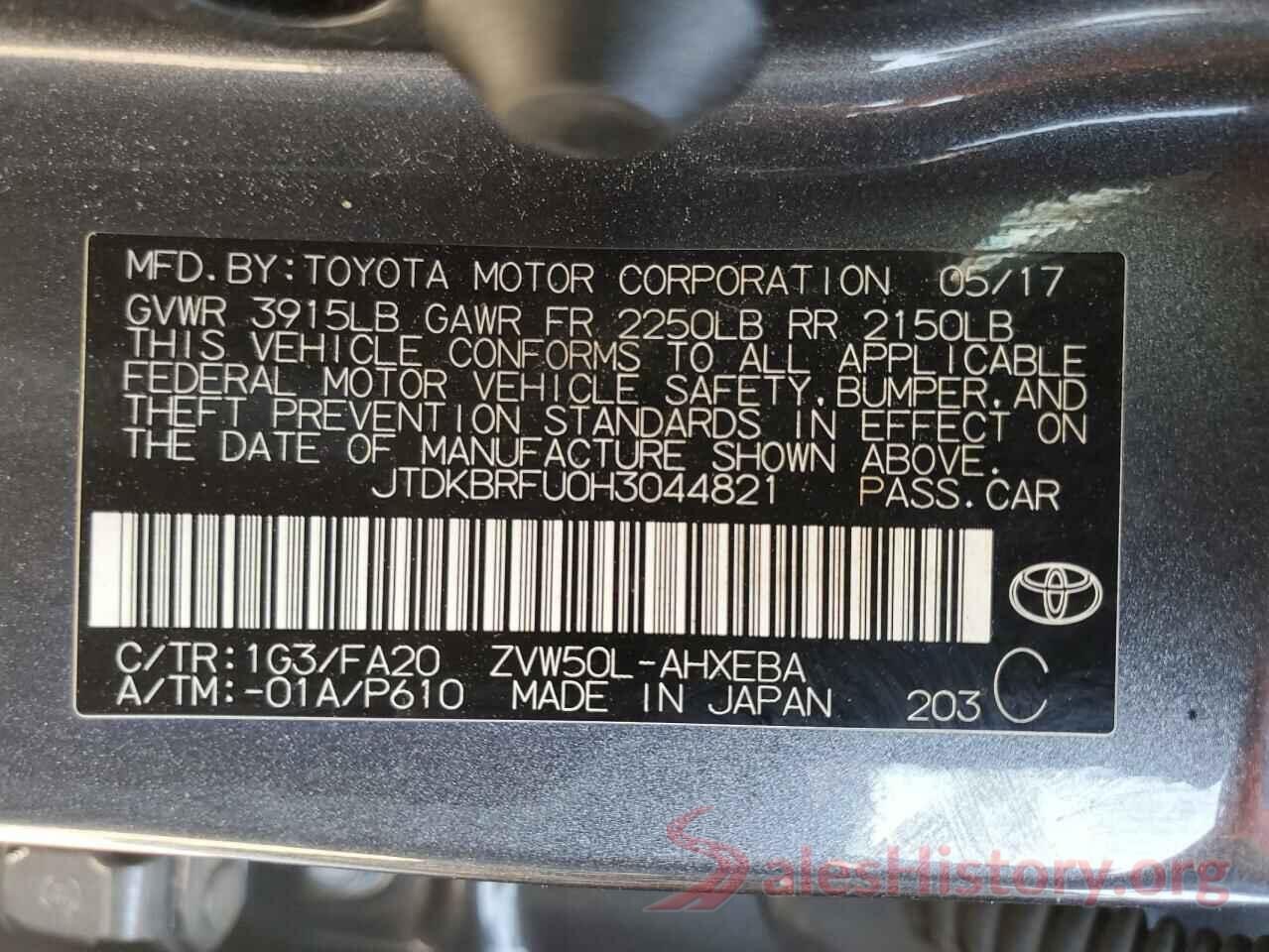 JTDKBRFU0H3044821 2017 TOYOTA PRIUS