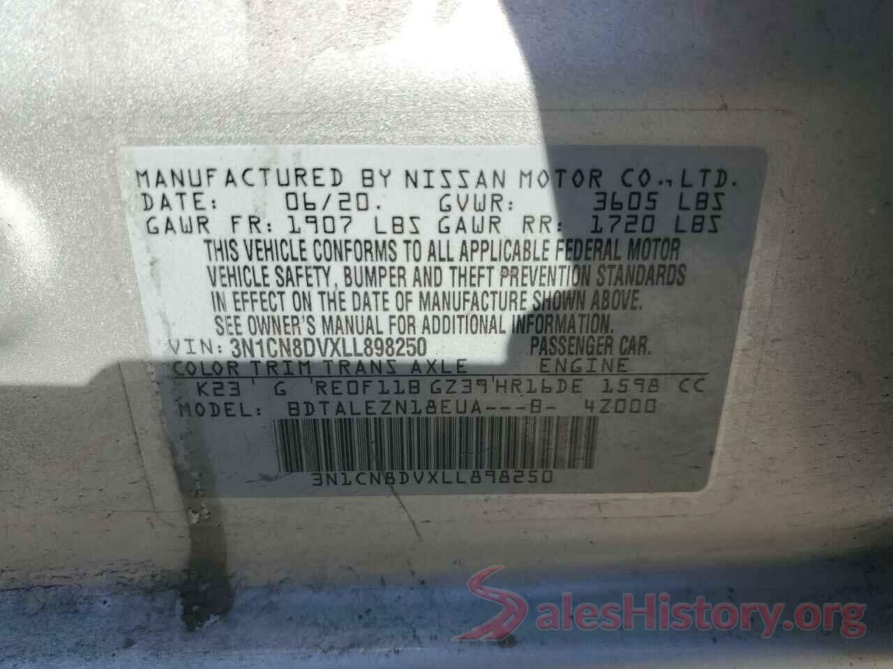 3N1CN8DVXLL898250 2020 NISSAN VERSA