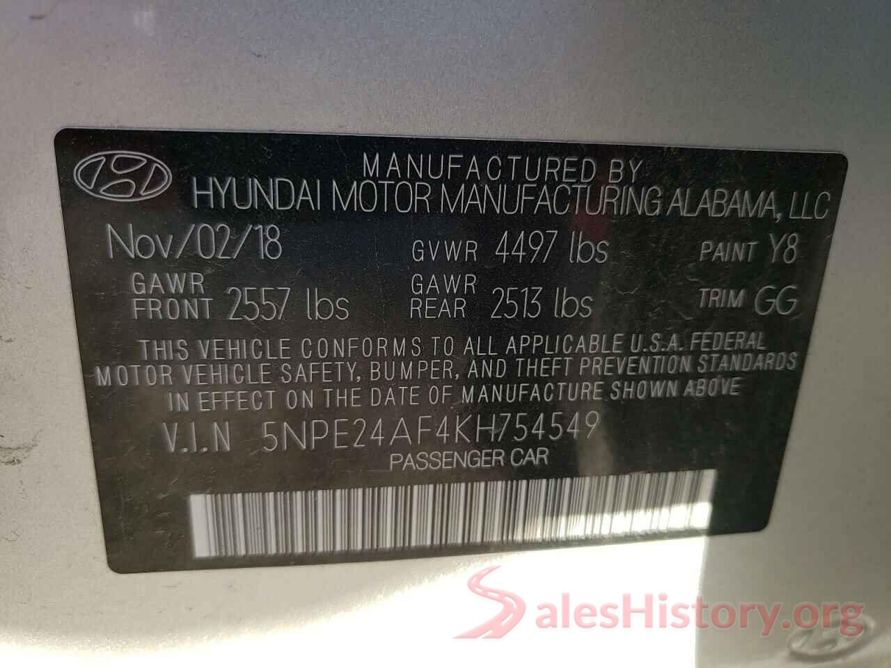 5NPE24AF4KH754549 2019 HYUNDAI SONATA