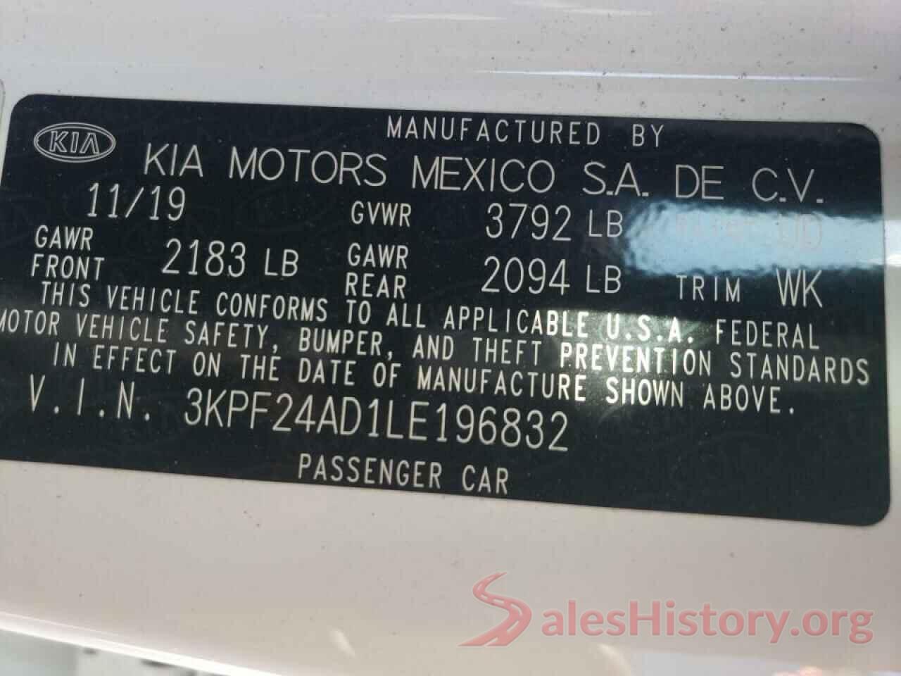 3KPF24AD1LE196832 2020 KIA FORTE