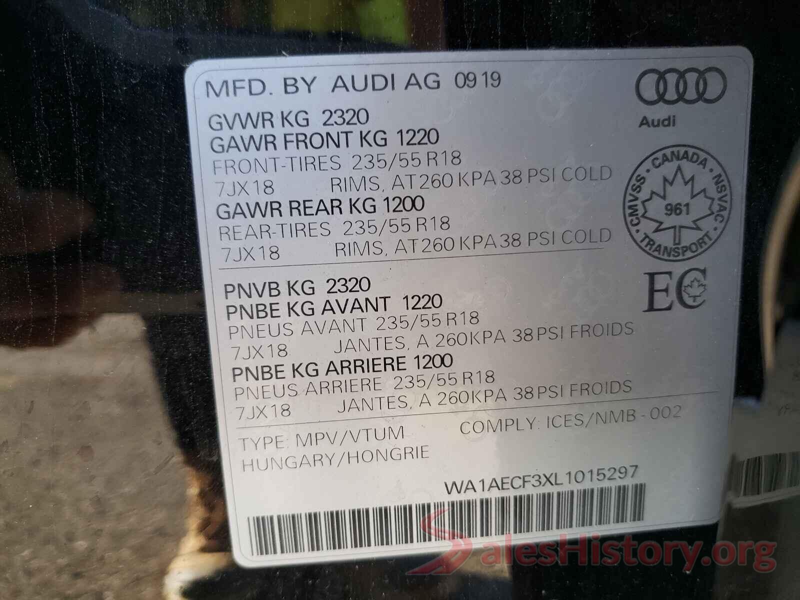 WA1AECF3XL1015297 2020 AUDI Q3