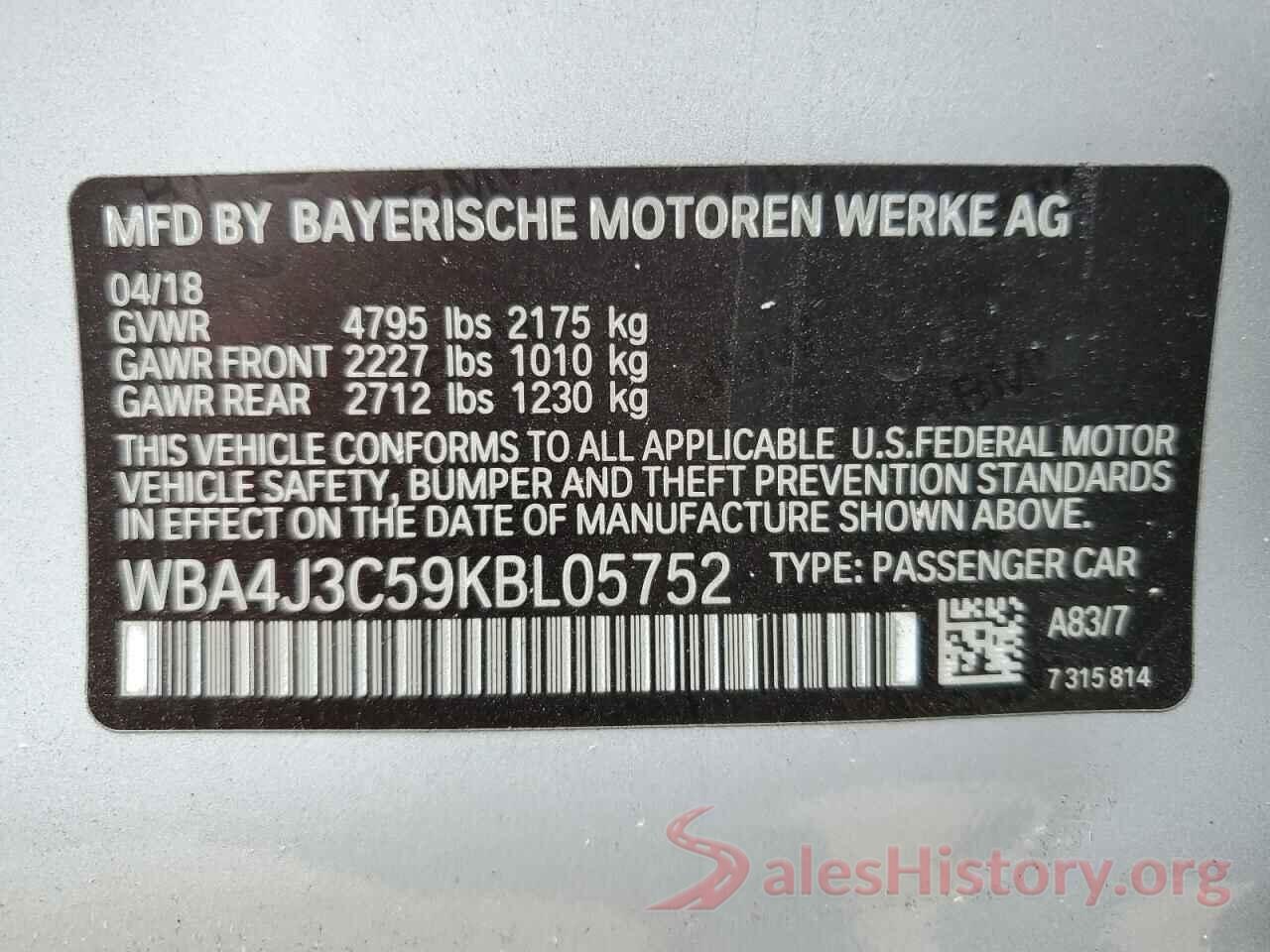 WBA4J3C59KBL05752 2019 BMW 4 SERIES