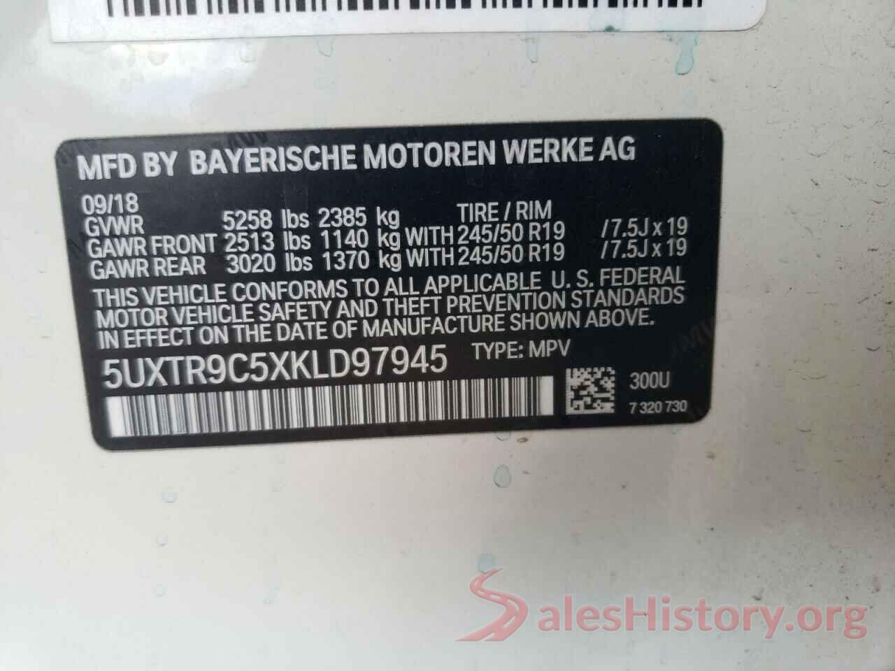 5UXTR9C5XKLD97945 2019 BMW X3