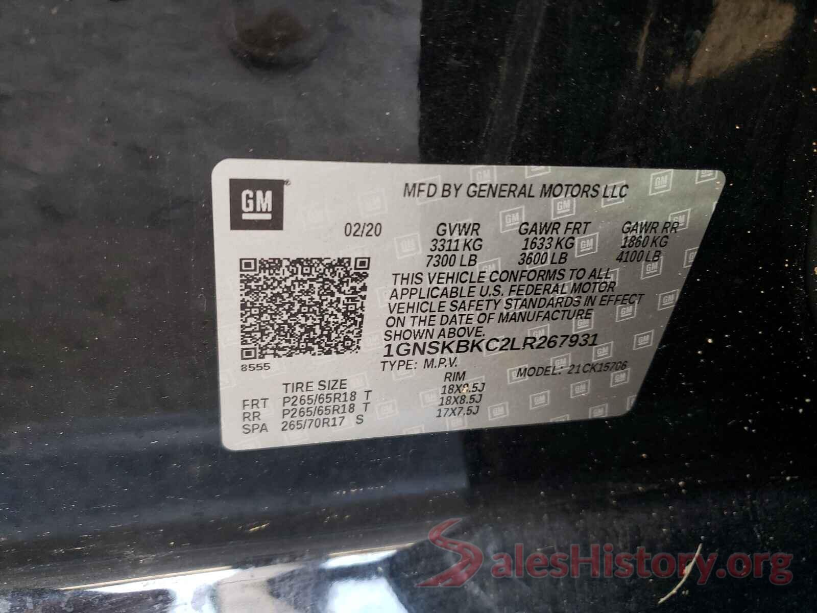 1GNSKBKC2LR267931 2020 CHEVROLET TAHOE