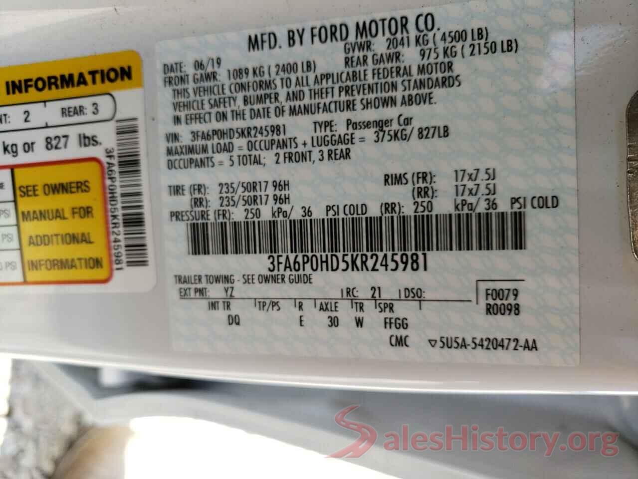 3FA6P0HD5KR245981 2019 FORD FUSION