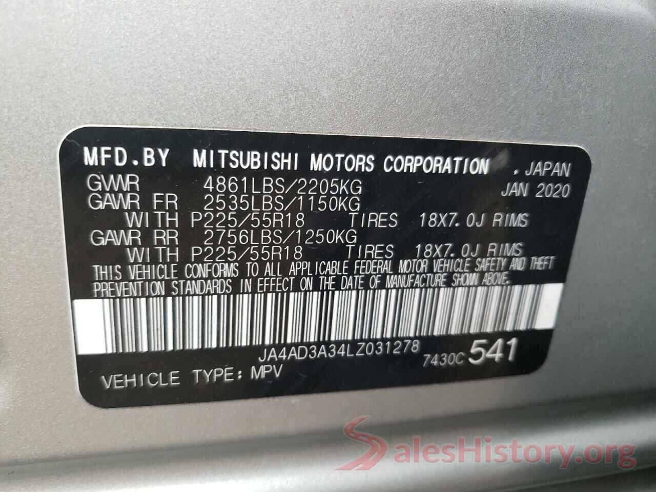 JA4AD3A34LZ031278 2020 MITSUBISHI OUTLANDER