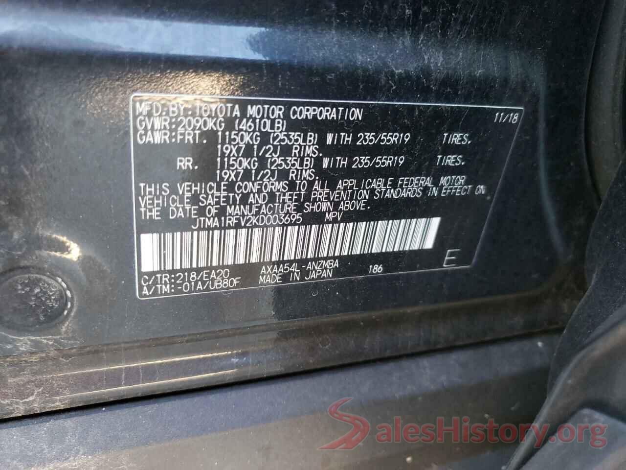 JTMA1RFV2KD003695 2019 TOYOTA RAV4