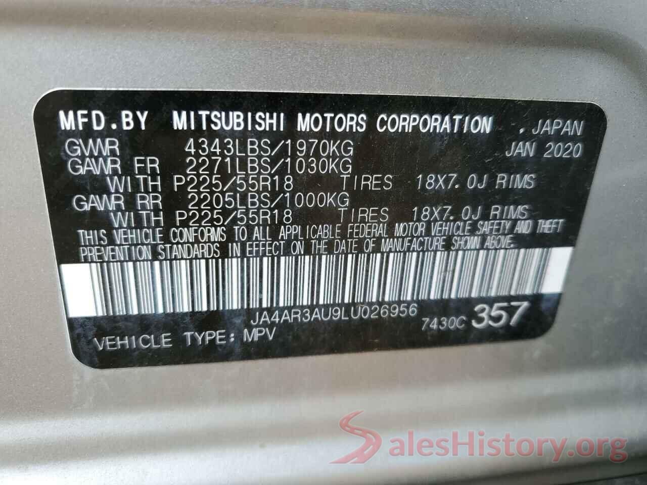 JA4AR3AU9LU026956 2020 MITSUBISHI OUTLANDER