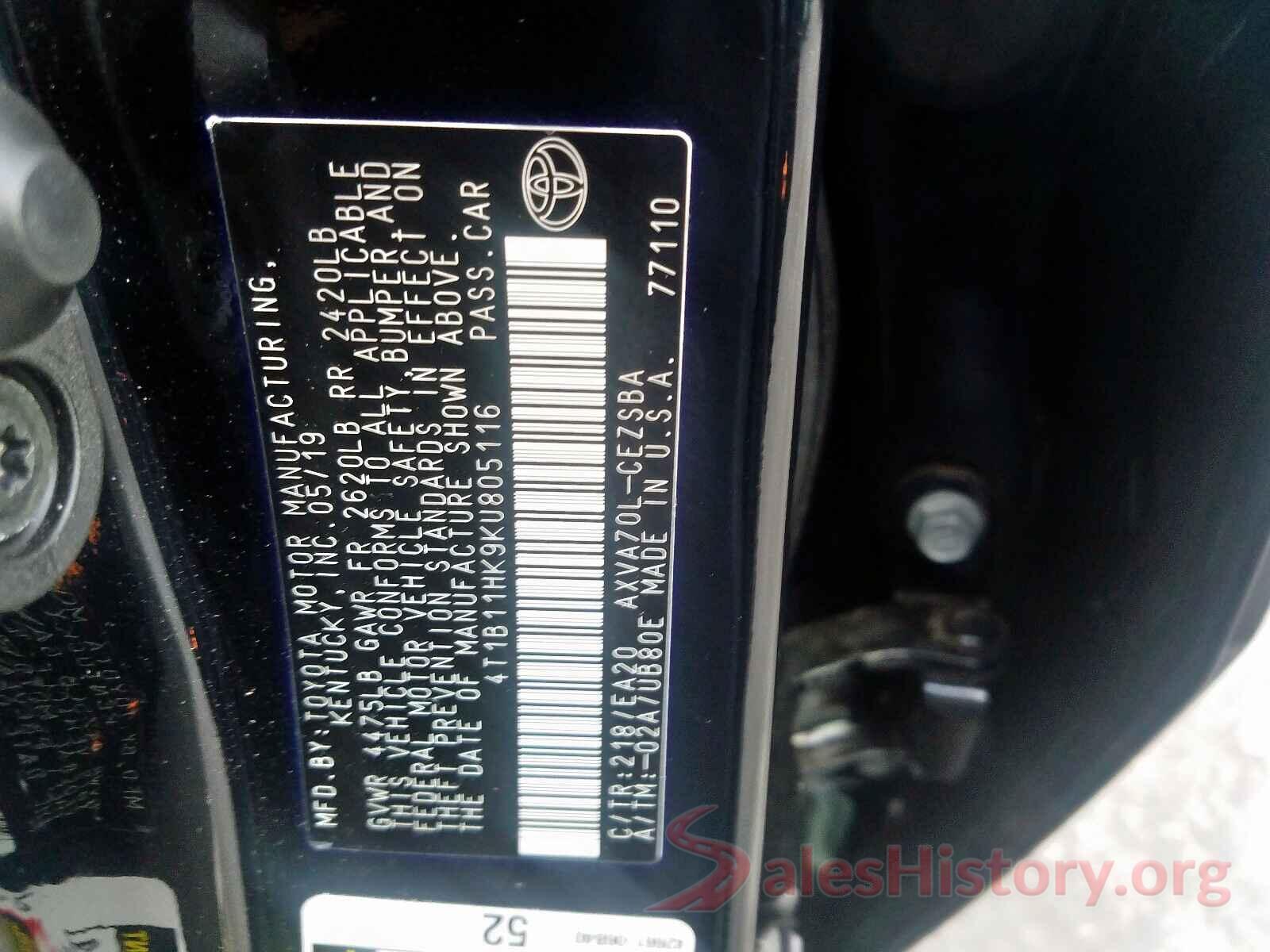 4T1B11HK9KU805116 2019 TOYOTA CAMRY