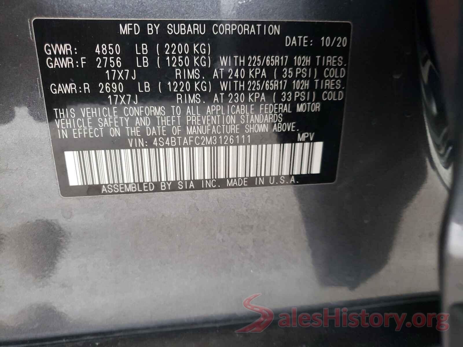 4S4BTAFC2M3126111 2021 SUBARU OUTBACK