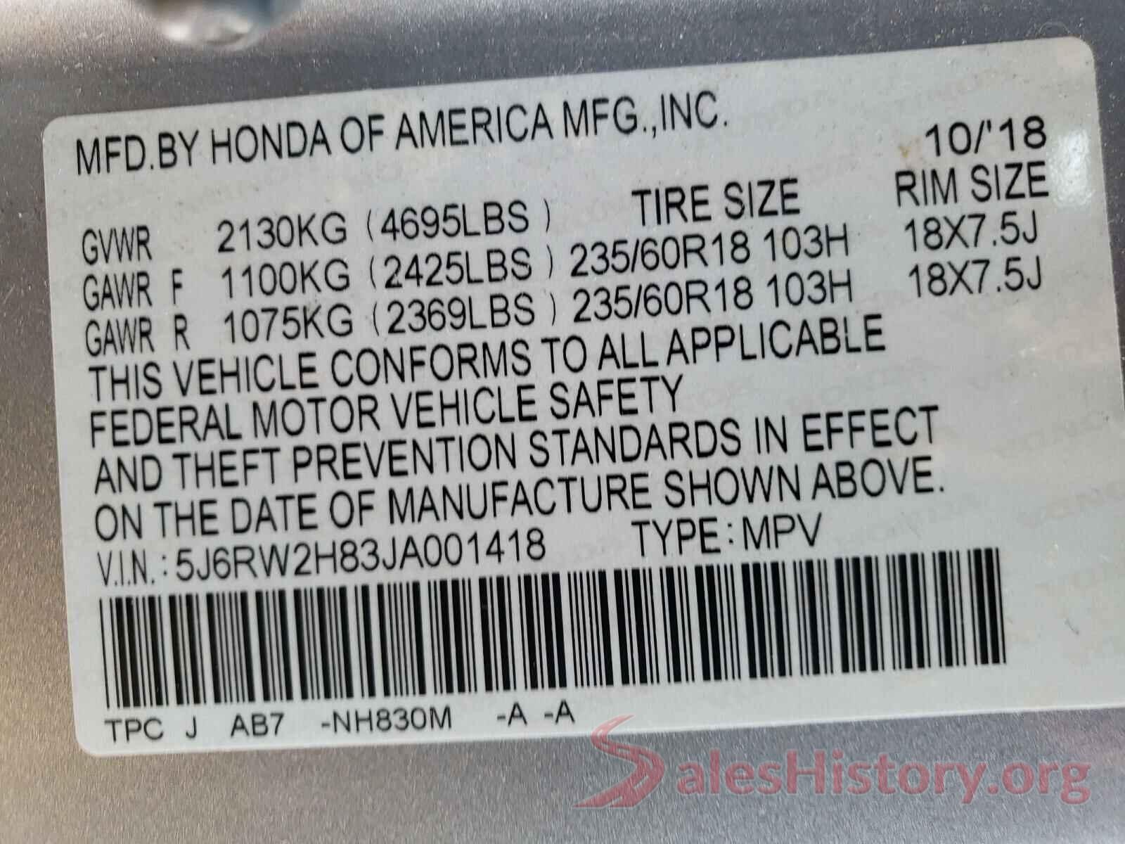 5J6RW2H83JA001418 2018 HONDA CRV