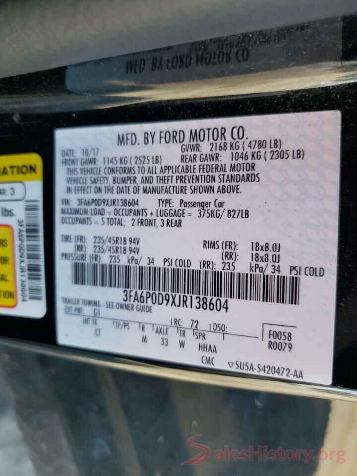 3FA6P0D9XJR138604 2018 FORD FUSION