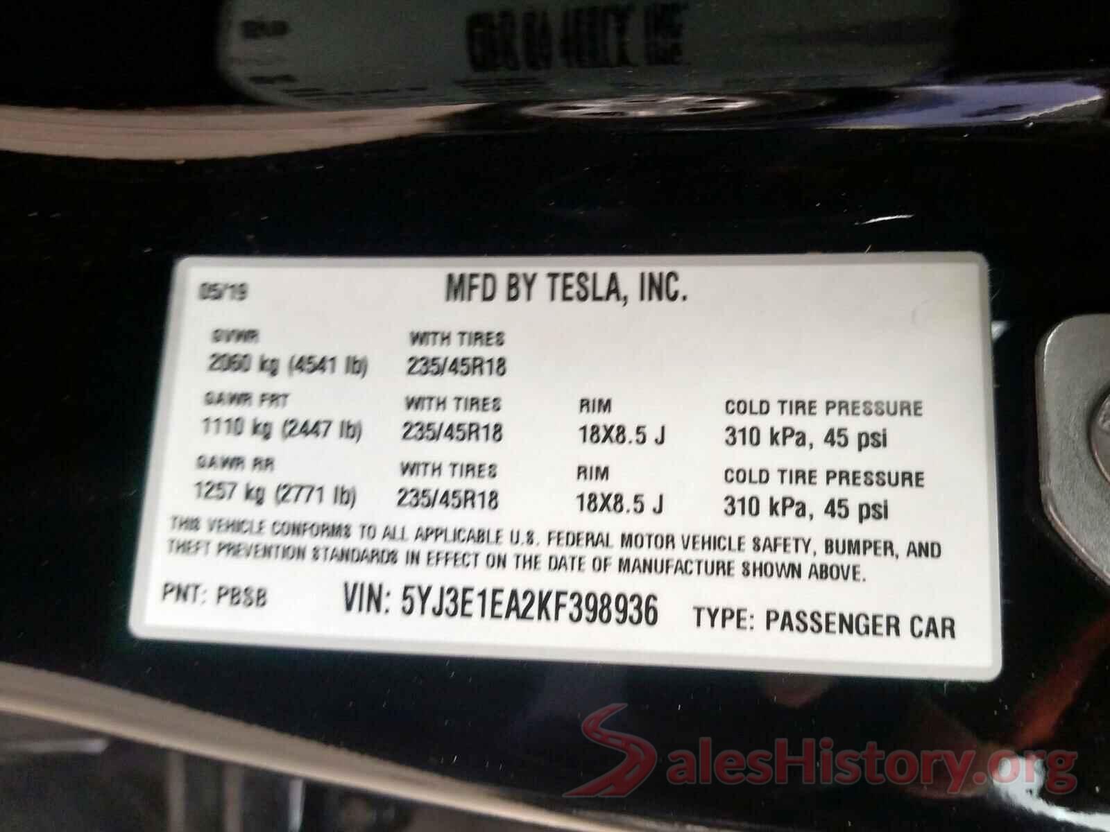 5YJ3E1EA2KF398936 2019 TESLA MODEL 3