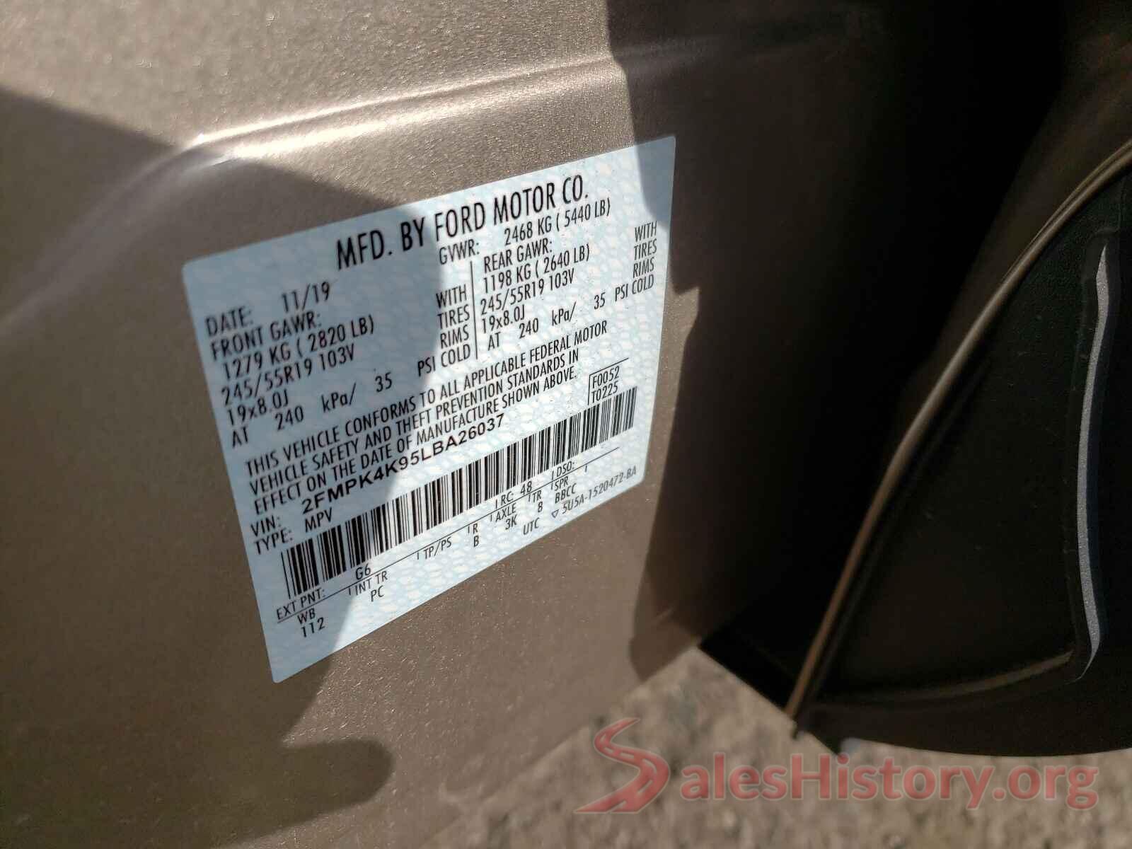 2FMPK4K95LBA26037 2020 FORD EDGE