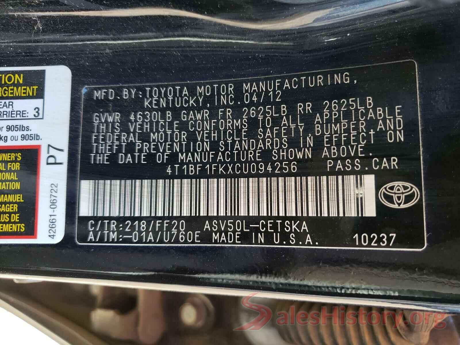 4T1BF1FKXCU094256 2012 TOYOTA CAMRY