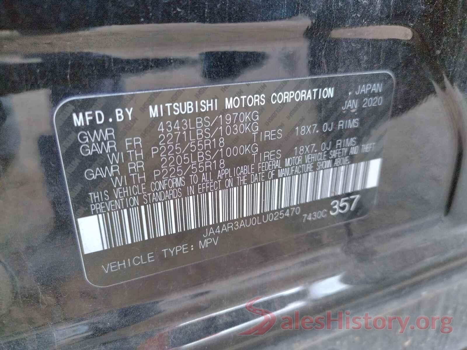 JA4AR3AU0LU025470 2020 MITSUBISHI OUTLANDER