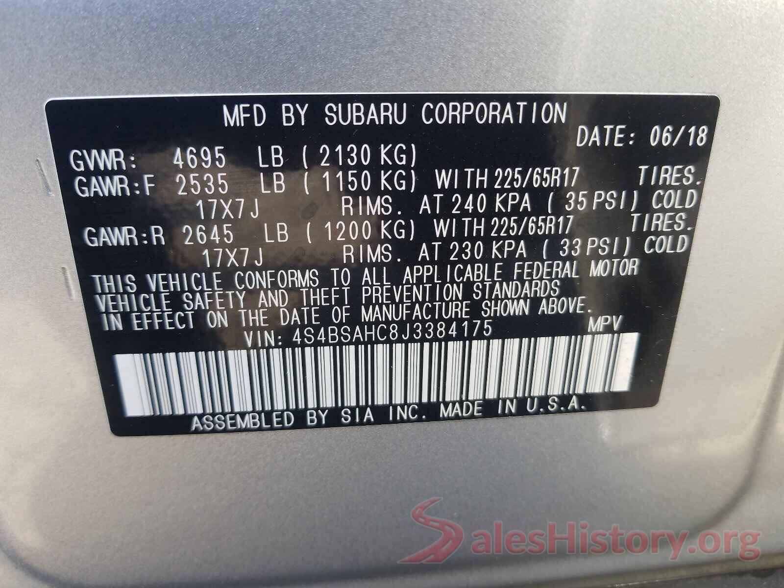 4S4BSAHC8J3384175 2018 SUBARU OUTBACK