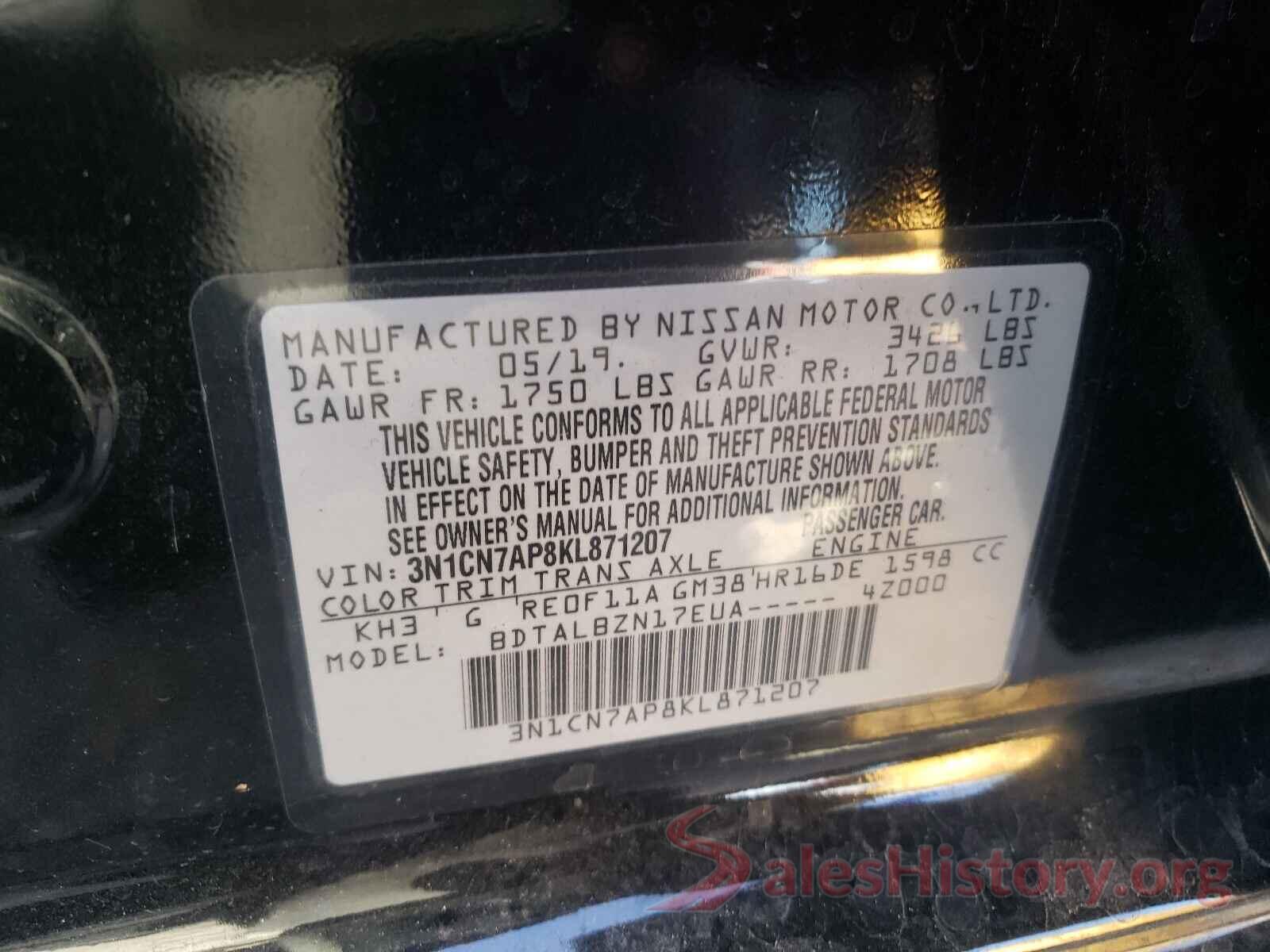 3N1CN7AP8KL871207 2019 NISSAN VERSA