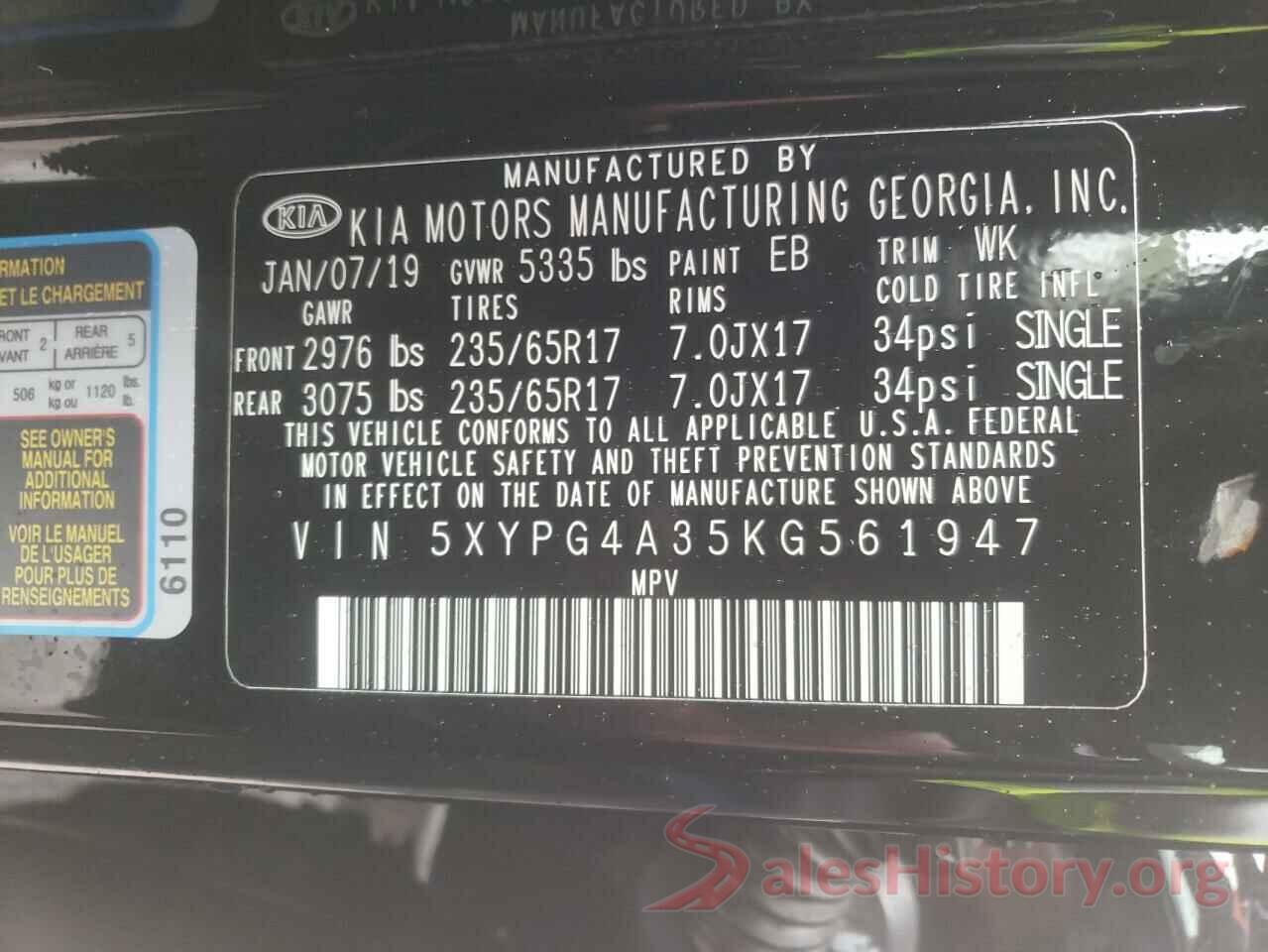 5XYPG4A35KG561947 2019 KIA SORENTO