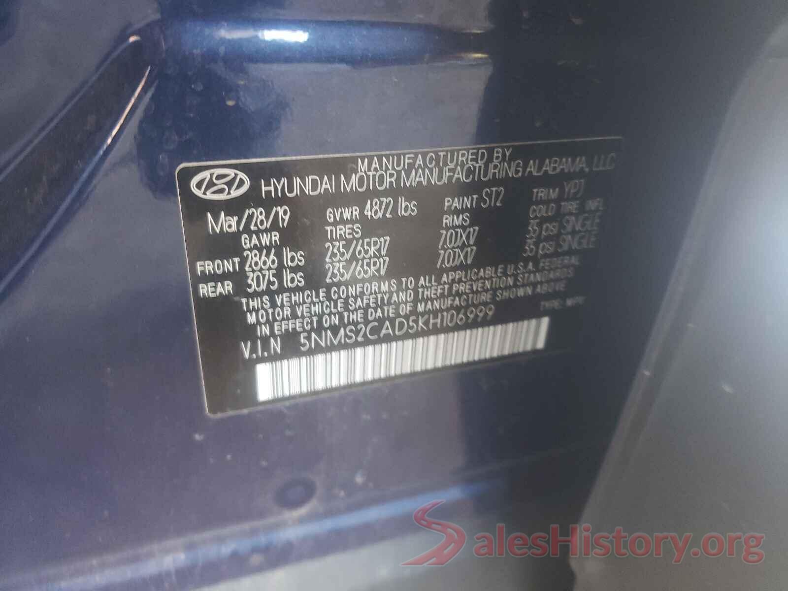 5NMS2CAD5KH106999 2019 HYUNDAI SANTA FE